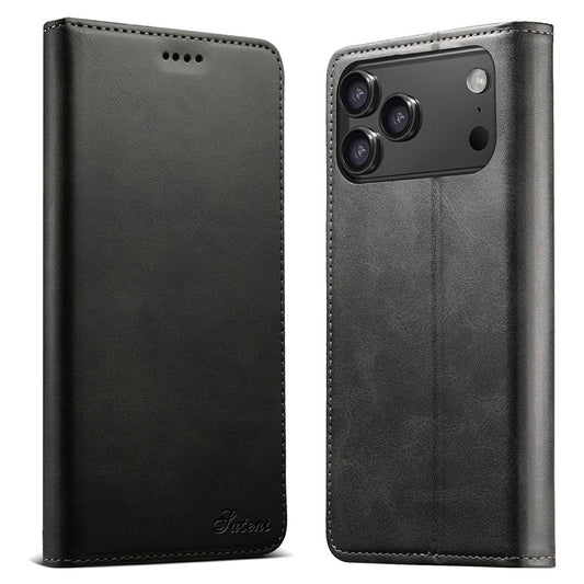 SUTENI For iPhone 17 Pro Max Case PU Leather Wallet Stand Magnetic Closing Phone Cover - Black