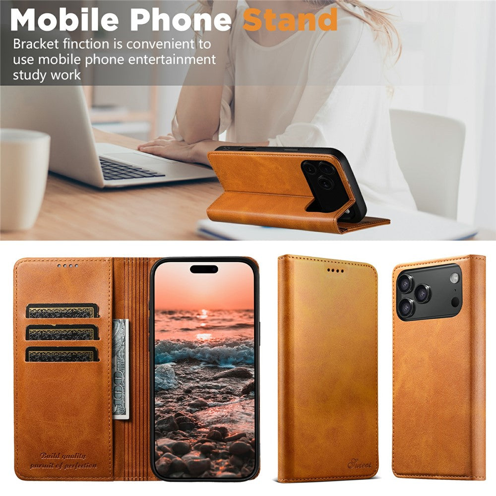 SUTENI For iPhone 17 Pro Max Case PU Leather Wallet Stand Magnetic Closing Phone Cover - Khaki