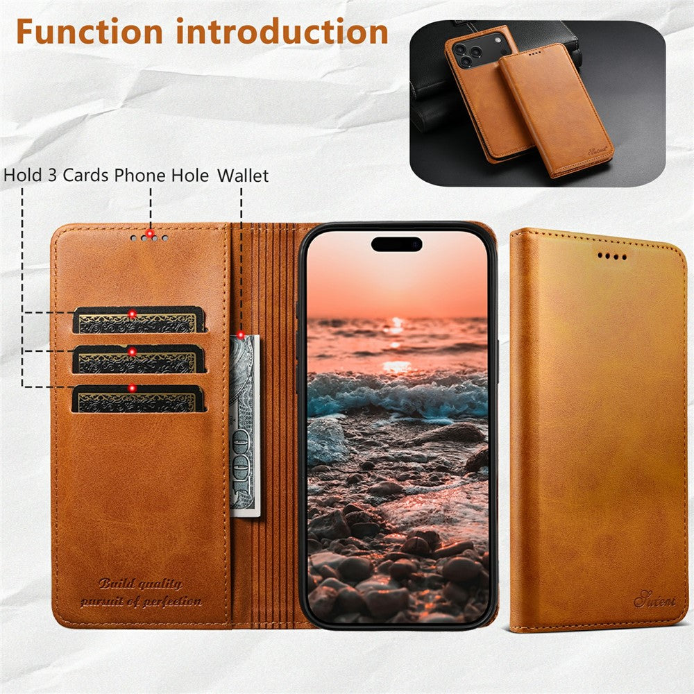 SUTENI For iPhone 17 Pro Max Case PU Leather Wallet Stand Magnetic Closing Phone Cover - Khaki