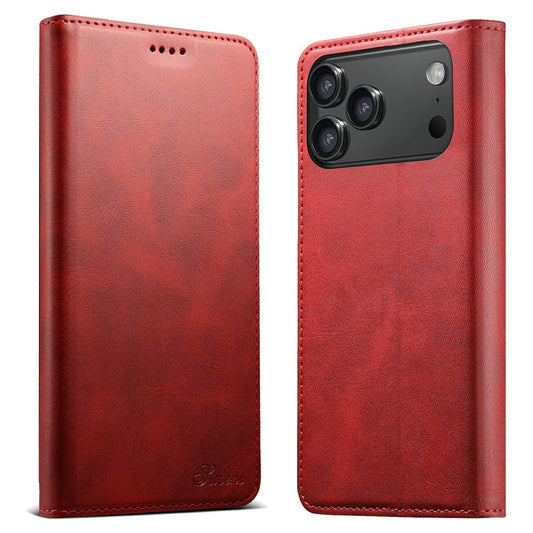 SUTENI For iPhone 17 Pro Max Case PU Leather Wallet Stand Magnetic Closing Phone Cover - Red