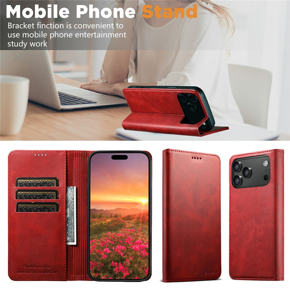 SUTENI For iPhone 17 Pro Max Case PU Leather Wallet Stand Magnetic Closing Phone Cover - Red
