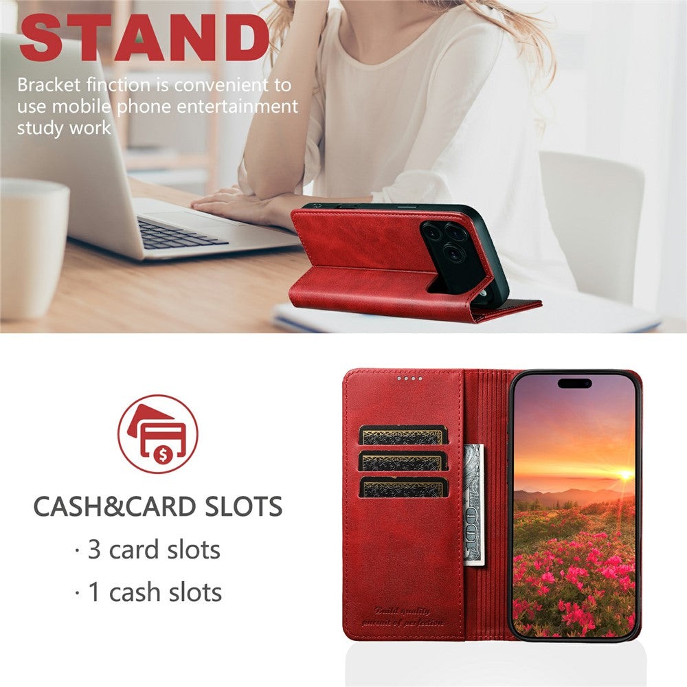 SUTENI For iPhone 17 Pro Max Case PU Leather Wallet Stand Magnetic Closing Phone Cover - Red