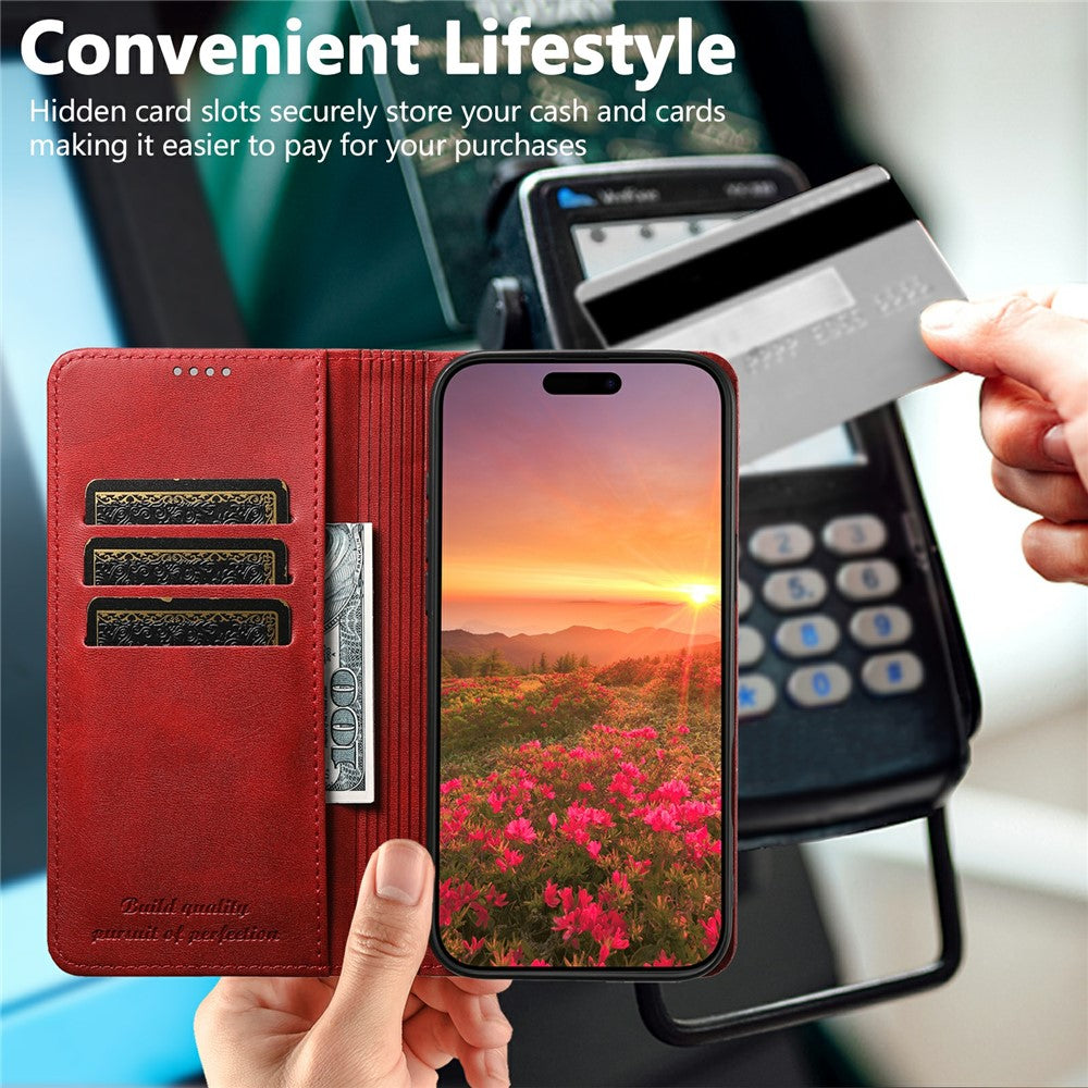 SUTENI For iPhone 17 Pro Max Case PU Leather Wallet Stand Magnetic Closing Phone Cover - Red