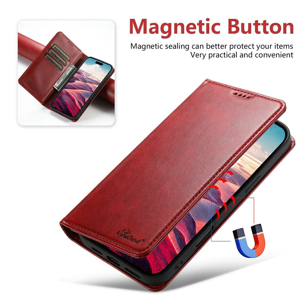 SUTENI For iPhone 17 Pro Max Case PU Leather Wallet Stand Magnetic Closing Phone Cover - Red