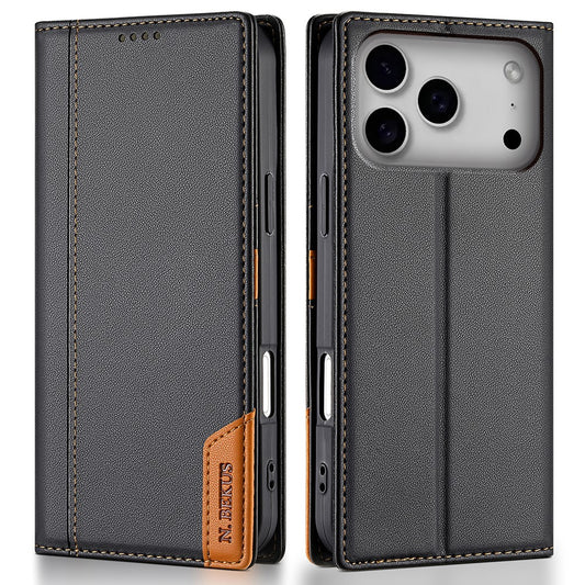 N.BEKUS P3 For iPhone 17 Pro Max Case RFID Blocking Wallet Stand PU Leather Flip Phone Cover - Black