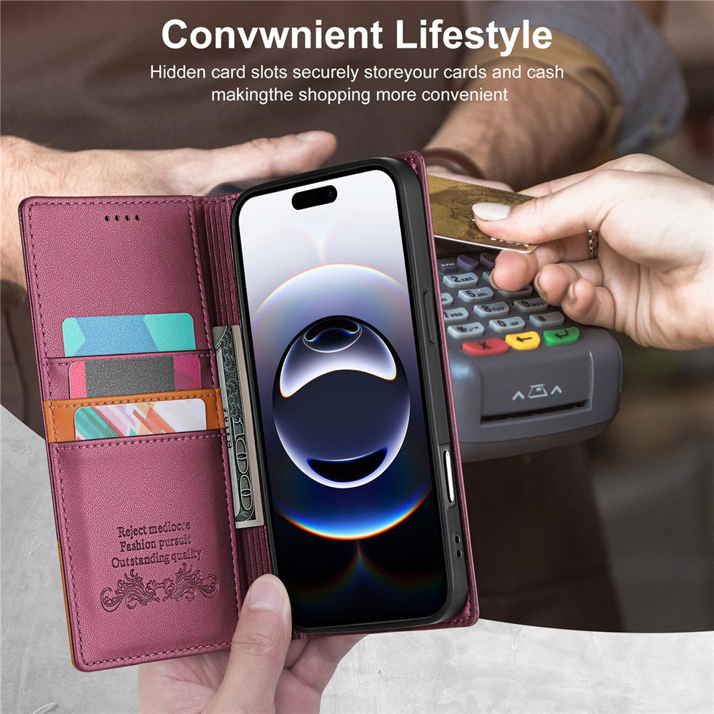 N.BEKUS P3 For iPhone 17 Pro Max Case RFID Blocking Wallet Stand PU Leather Flip Phone Cover - Wine Red