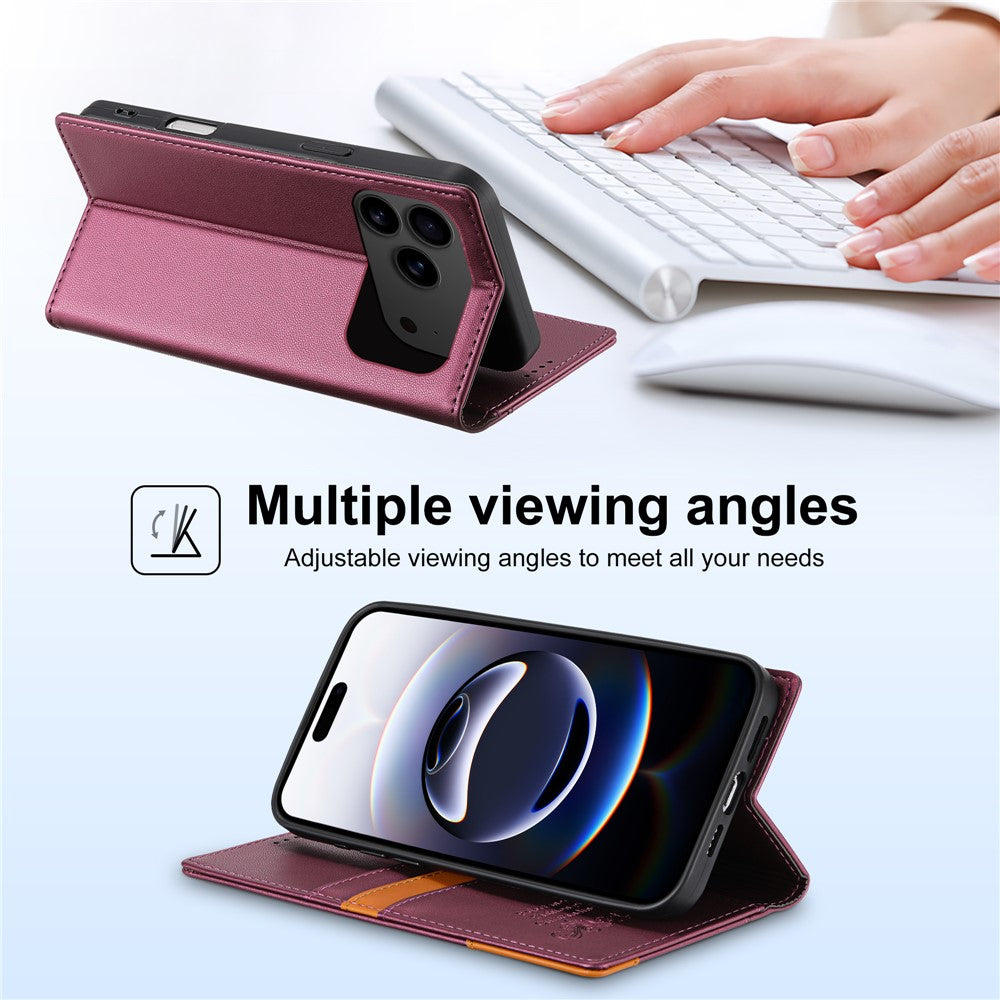 N.BEKUS P3 For iPhone 17 Pro Max Case RFID Blocking Wallet Stand PU Leather Flip Phone Cover - Wine Red
