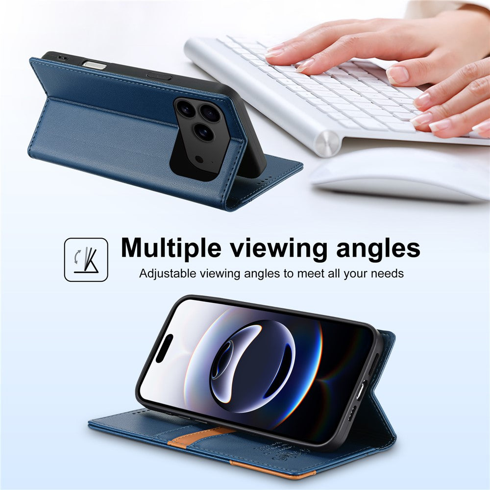 N.BEKUS P3 For iPhone 17 Pro Max Case RFID Blocking Wallet Stand PU Leather Flip Phone Cover - Blue