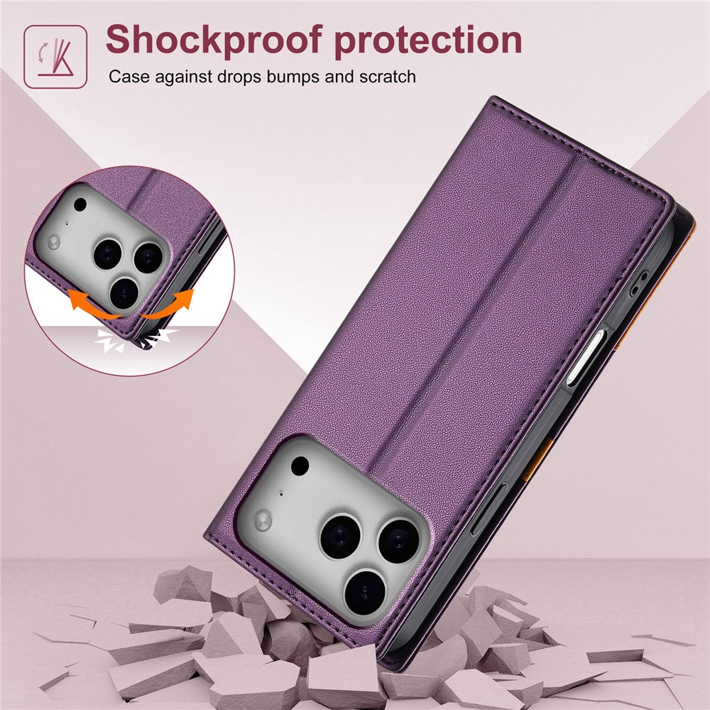 N.BEKUS P3 For iPhone 17 Pro Max Case RFID Blocking Wallet Stand PU Leather Flip Phone Cover - Purple