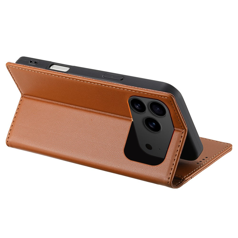 N.BEKUS P3 For iPhone 17 Pro Max Case RFID Blocking Wallet Stand PU Leather Flip Phone Cover - Brown