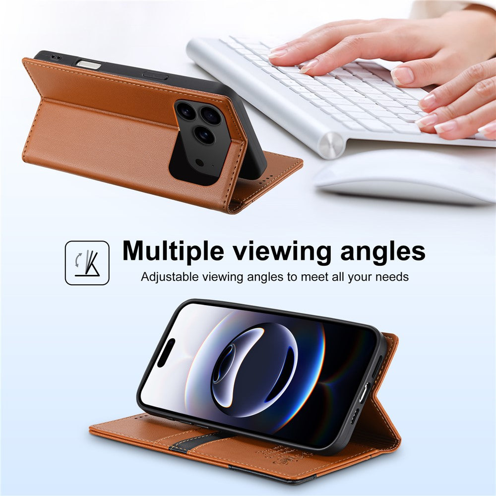 N.BEKUS P3 For iPhone 17 Pro Max Case RFID Blocking Wallet Stand PU Leather Flip Phone Cover - Brown