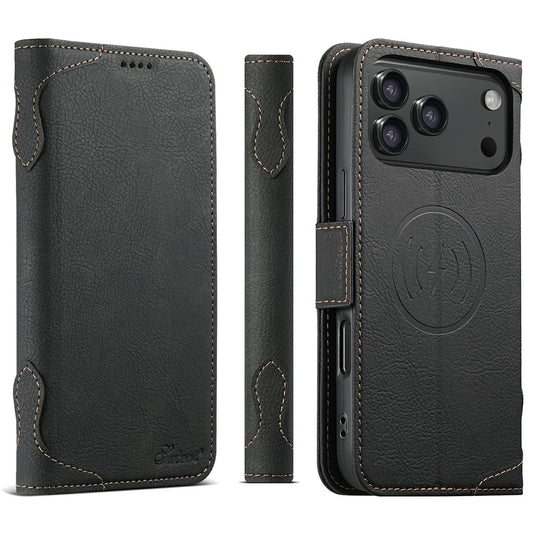 SUTENI J07 For iPhone 17 Pro Max Case Compatible with MagSafe Litchi Texture Leather Wallet Phone Cover - Black