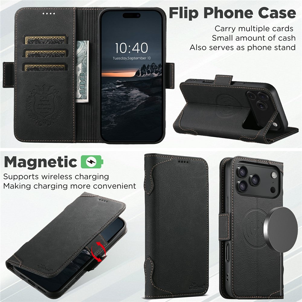SUTENI J07 For iPhone 17 Pro Max Case Compatible with MagSafe Litchi Texture Leather Wallet Phone Cover - Black