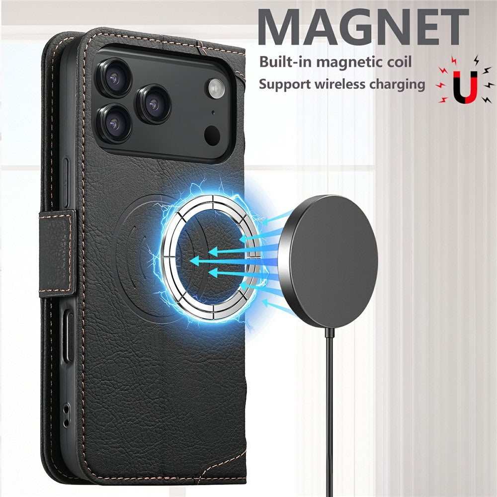 SUTENI J07 For iPhone 17 Pro Max Case Compatible with MagSafe Litchi Texture Leather Wallet Phone Cover - Black