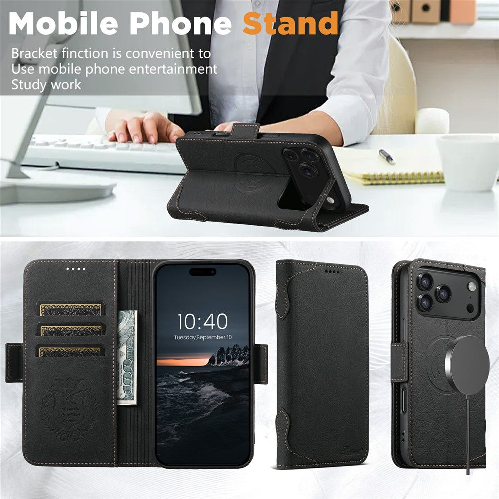 SUTENI J07 For iPhone 17 Pro Max Case Compatible with MagSafe Litchi Texture Leather Wallet Phone Cover - Black