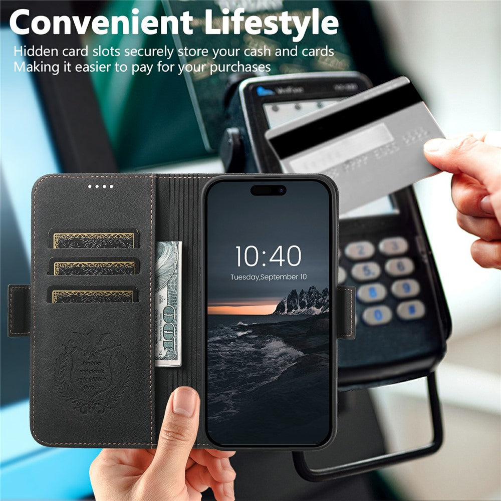 SUTENI J07 For iPhone 17 Pro Max Case Compatible with MagSafe Litchi Texture Leather Wallet Phone Cover - Black