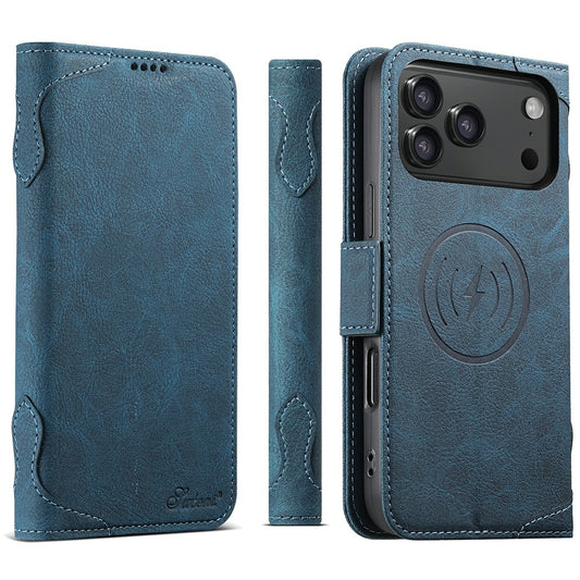 SUTENI J07 For iPhone 17 Pro Max Case Compatible with MagSafe Litchi Texture Leather Wallet Phone Cover - Blue