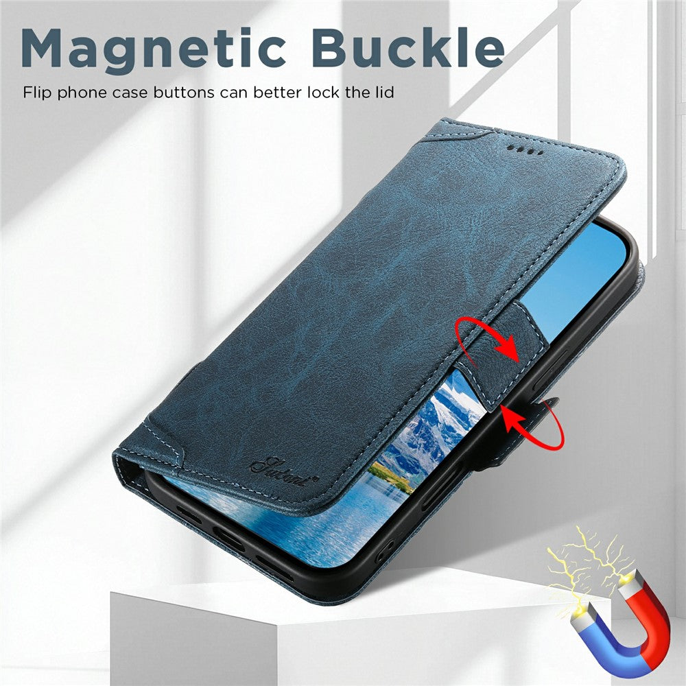 SUTENI J07 For iPhone 17 Pro Max Case Compatible with MagSafe Litchi Texture Leather Wallet Phone Cover - Blue