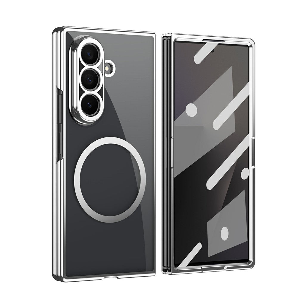 For Samsung Galaxy Z Fold7 5G Magnetic Case Electroplated PC Clear Phone Cover with Tempered Glass Film - Silver