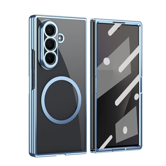 For Samsung Galaxy Z Fold7 5G Magnetic Case Electroplated PC Clear Phone Cover with Tempered Glass Film - Blue