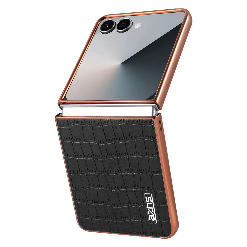 AZNS For Samsung Galaxy Z Flip7 5G Case Electroplating Crocodile Texture PU + PC Phone Cover - Black