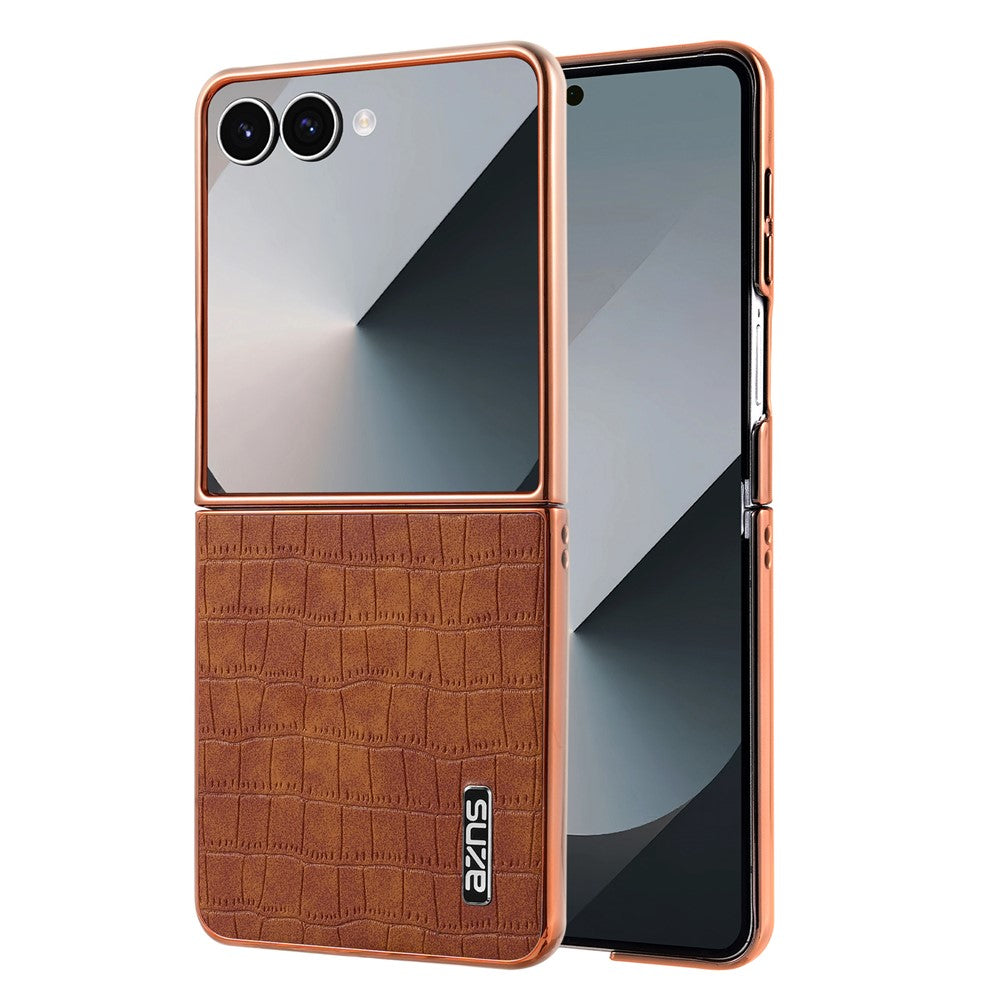 AZNS For Samsung Galaxy Z Flip7 5G Case Electroplating Crocodile Texture PU + PC Phone Cover - Brown