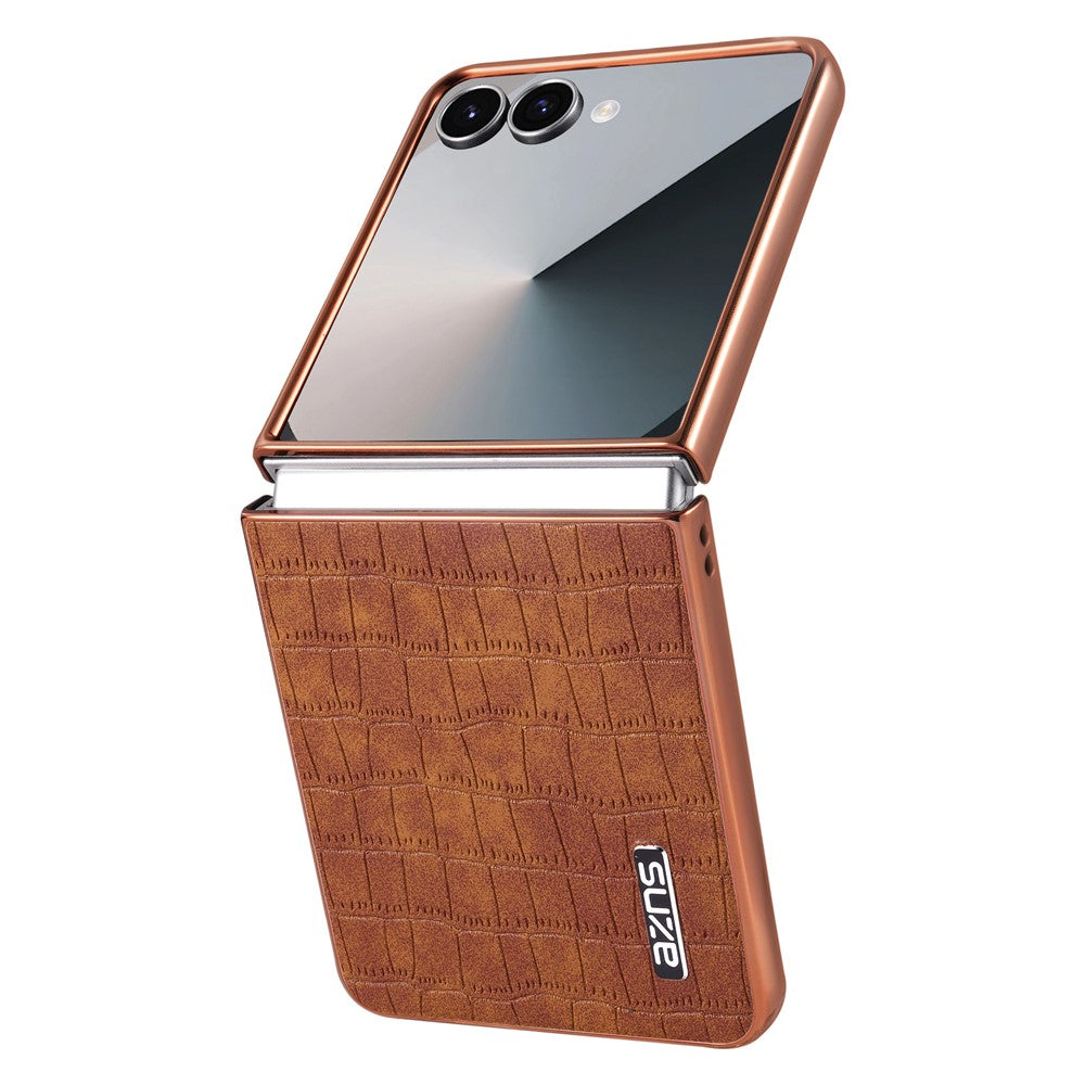 AZNS For Samsung Galaxy Z Flip7 5G Case Electroplating Crocodile Texture PU + PC Phone Cover - Brown