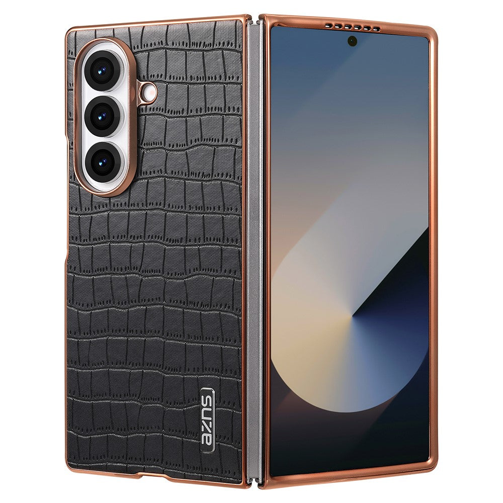 AZNS For Samsung Galaxy Z Fold7 5G Case Electroplating Crocodile Texture PU + PC Phone Cover - Black