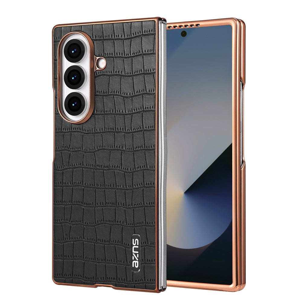 AZNS For Samsung Galaxy Z Fold7 5G Case Electroplating Crocodile Texture PU + PC Phone Cover - Black