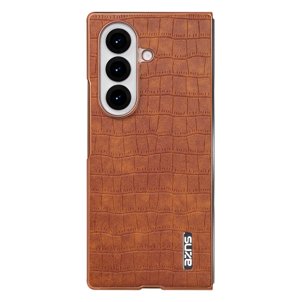 AZNS For Samsung Galaxy Z Fold7 5G Case Electroplating Crocodile Texture PU + PC Phone Cover - Brown