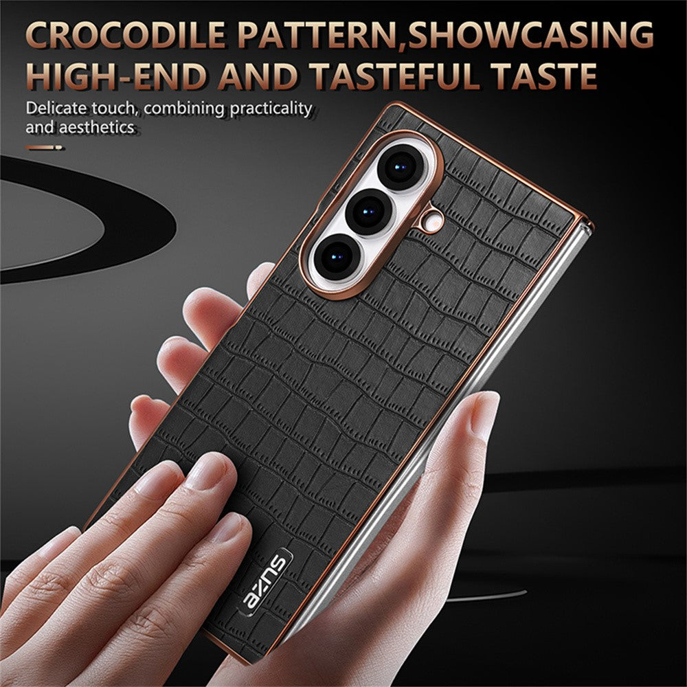 AZNS For Samsung Galaxy Z Fold7 5G Case Electroplating Crocodile Texture PU + PC Phone Cover - Brown