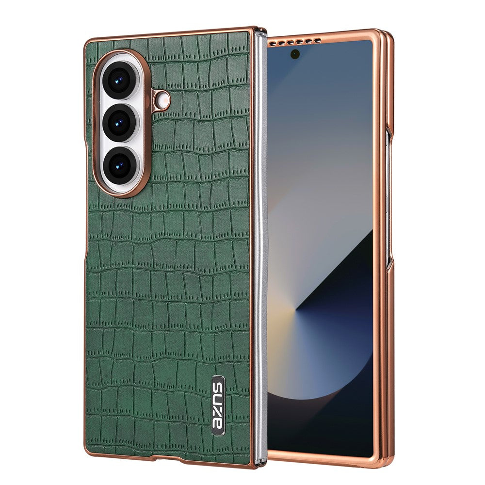 AZNS For Samsung Galaxy Z Fold7 5G Case Electroplating Crocodile Texture PU + PC Phone Cover - Green