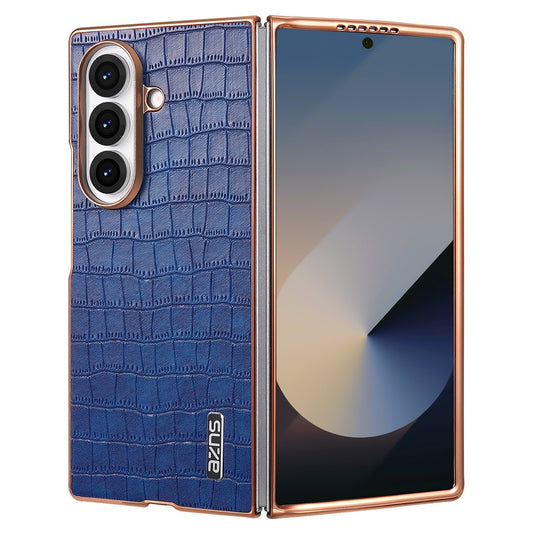 AZNS For Samsung Galaxy Z Fold7 5G Case Electroplating Crocodile Texture PU + PC Phone Cover - Blue