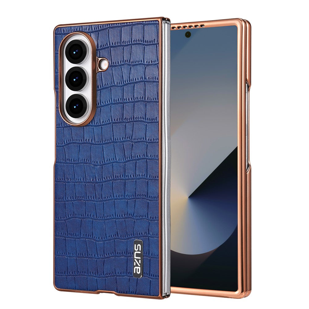 AZNS For Samsung Galaxy Z Fold7 5G Case Electroplating Crocodile Texture PU + PC Phone Cover - Blue