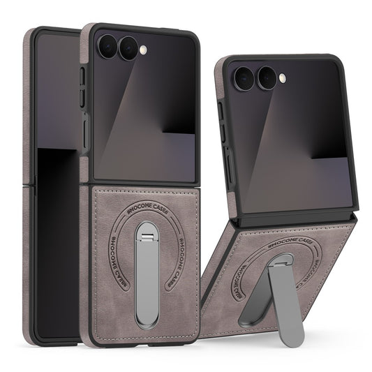 For Samsung Galaxy Z Flip7 5G Magnetic Case Rotating Kickstand Leather Coated PC Phone Cover - Grey