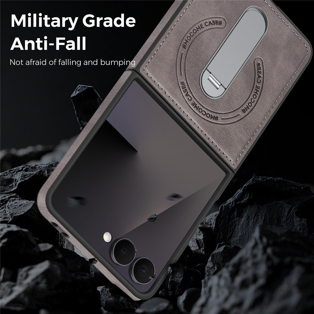 For Samsung Galaxy Z Flip7 5G Magnetic Case Rotating Kickstand Leather Coated PC Phone Cover - Grey