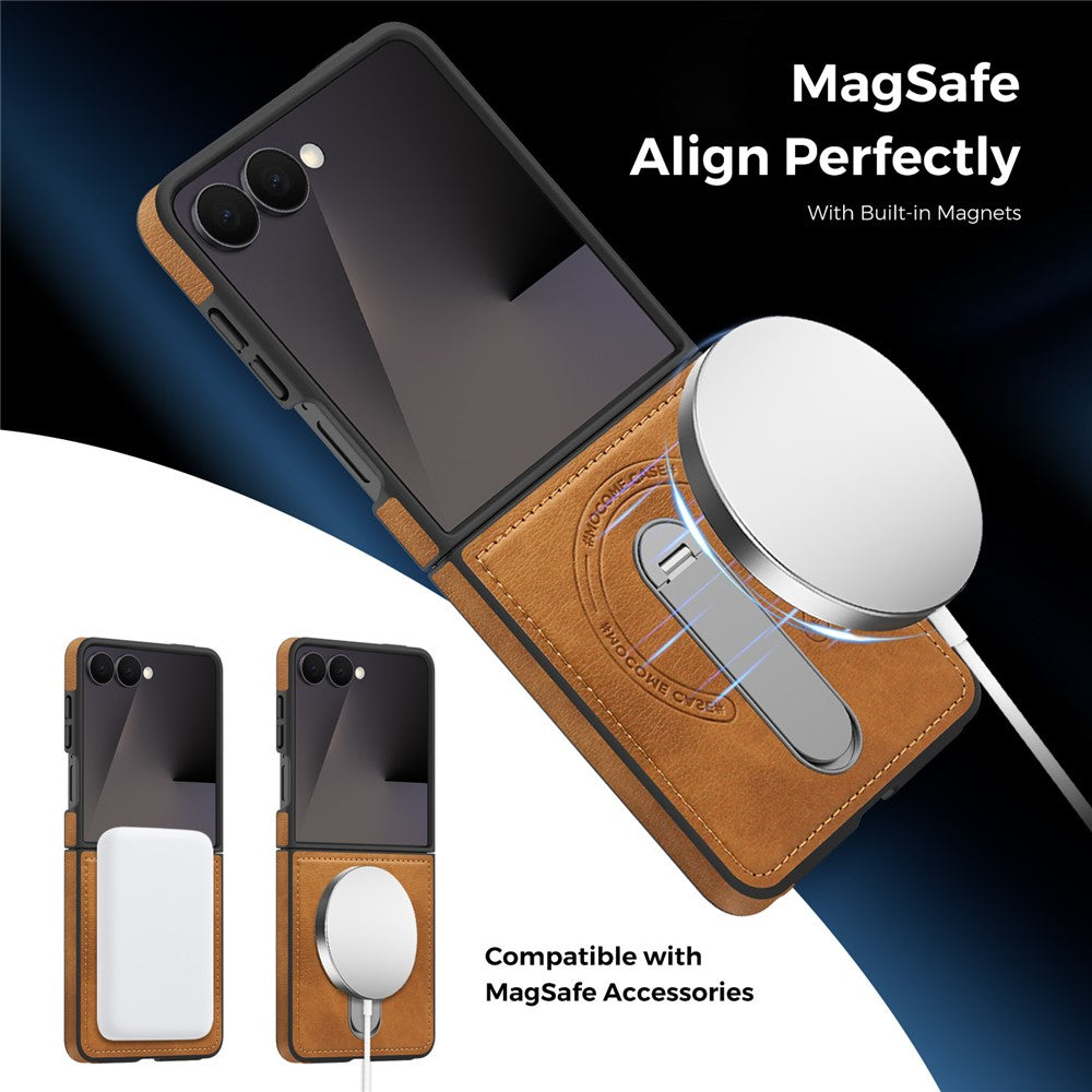 For Samsung Galaxy Z Flip7 5G Magnetic Case Rotating Kickstand Leather Coated PC Phone Cover - Brown