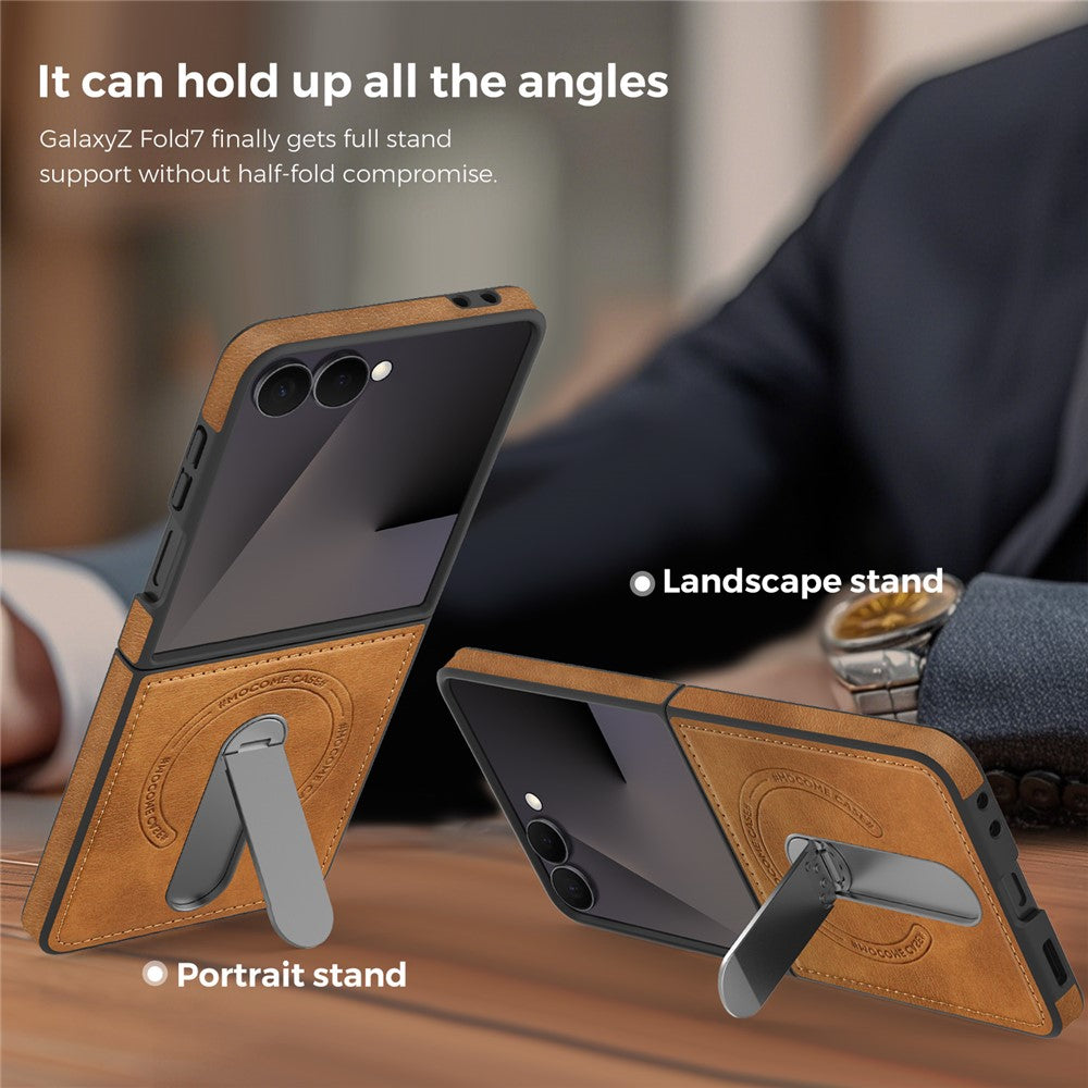 For Samsung Galaxy Z Flip7 5G Magnetic Case Rotating Kickstand Leather Coated PC Phone Cover - Brown
