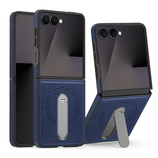 For Samsung Galaxy Z Flip7 5G Magnetic Case Rotating Kickstand Leather Coated PC Phone Cover - Sapphire