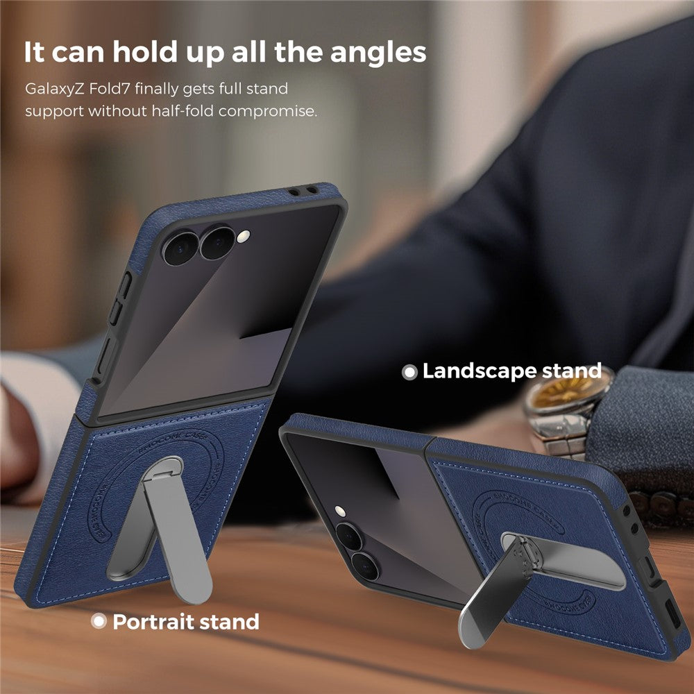 For Samsung Galaxy Z Flip7 5G Magnetic Case Rotating Kickstand Leather Coated PC Phone Cover - Sapphire