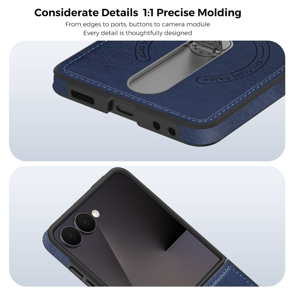 For Samsung Galaxy Z Flip7 5G Magnetic Case Rotating Kickstand Leather Coated PC Phone Cover - Sapphire