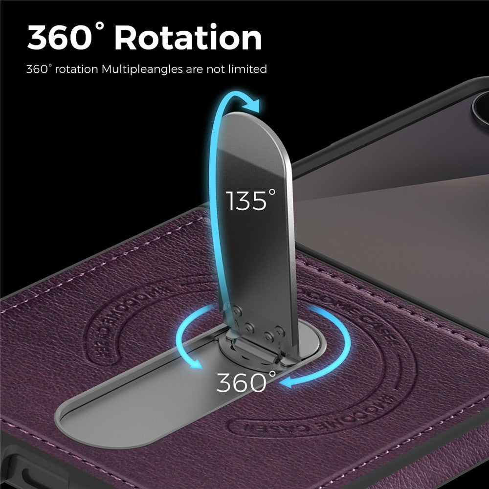 For Samsung Galaxy Z Flip7 5G Magnetic Case Rotating Kickstand Leather Coated PC Phone Cover - Dark Purple