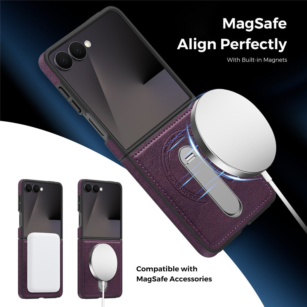 For Samsung Galaxy Z Flip7 5G Magnetic Case Rotating Kickstand Leather Coated PC Phone Cover - Dark Purple
