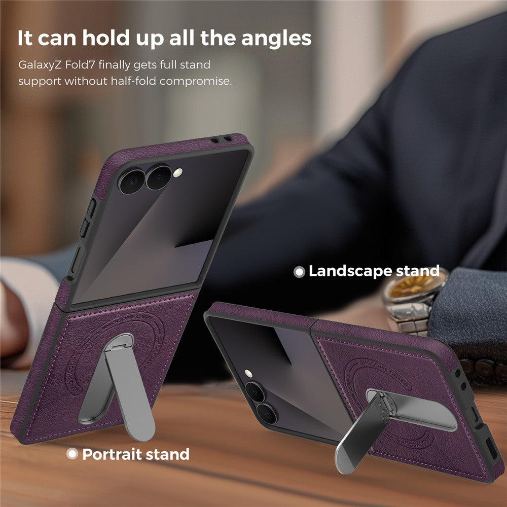 For Samsung Galaxy Z Flip7 5G Magnetic Case Rotating Kickstand Leather Coated PC Phone Cover - Dark Purple
