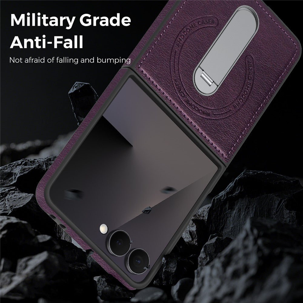 For Samsung Galaxy Z Flip7 5G Magnetic Case Rotating Kickstand Leather Coated PC Phone Cover - Dark Purple