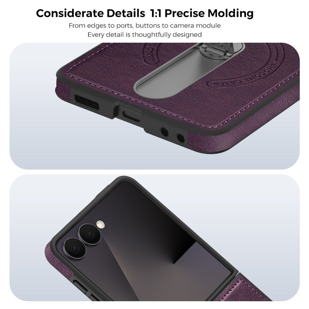 For Samsung Galaxy Z Flip7 5G Magnetic Case Rotating Kickstand Leather Coated PC Phone Cover - Dark Purple