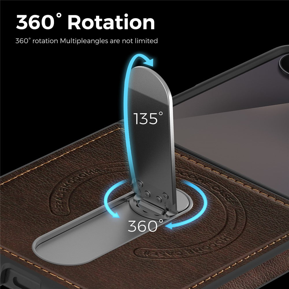 For Samsung Galaxy Z Flip7 5G Magnetic Case Rotating Kickstand Leather Coated PC Phone Cover - Coffee