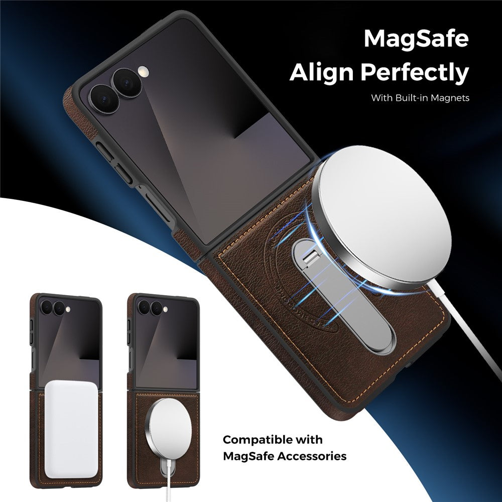 For Samsung Galaxy Z Flip7 5G Magnetic Case Rotating Kickstand Leather Coated PC Phone Cover - Coffee
