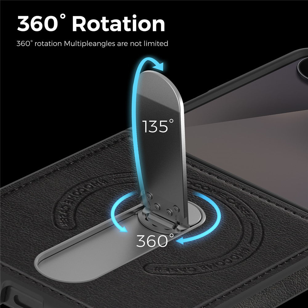 For Samsung Galaxy Z Flip7 5G Magnetic Case Rotating Kickstand Leather Coated PC Phone Cover - Black