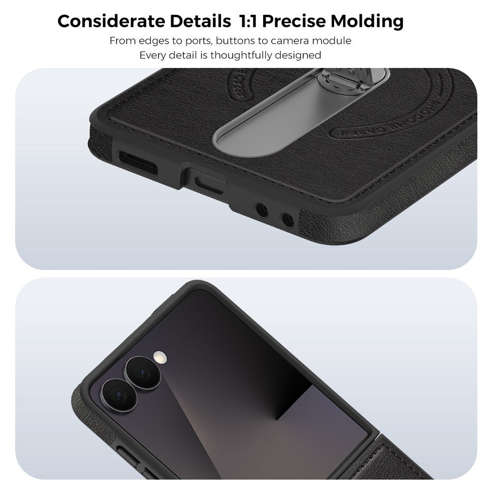 For Samsung Galaxy Z Flip7 5G Magnetic Case Rotating Kickstand Leather Coated PC Phone Cover - Black